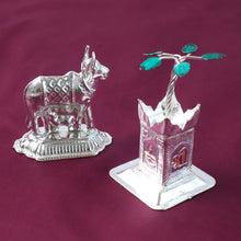 Silver-Plated Kamdhenu Cow & Tulsi Plant Pair – Pooja & Home Décor